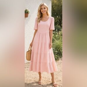 Roolee Powder Pink‎ Tiered Maxi Dress Boho Cottagecore Coquette Baby Shower